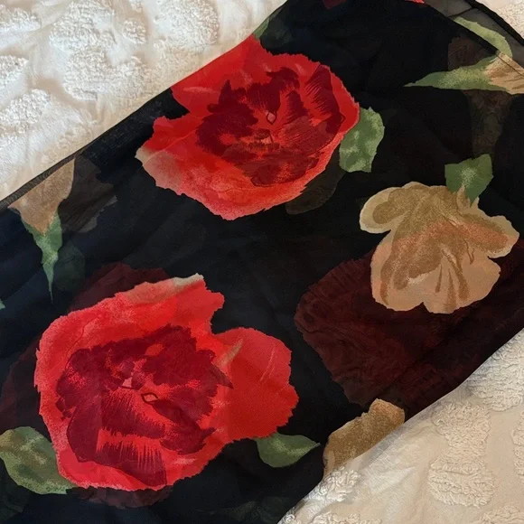 Black Floral Sheer Scarf with Red and Tan Blooms - Picture 1 of 1